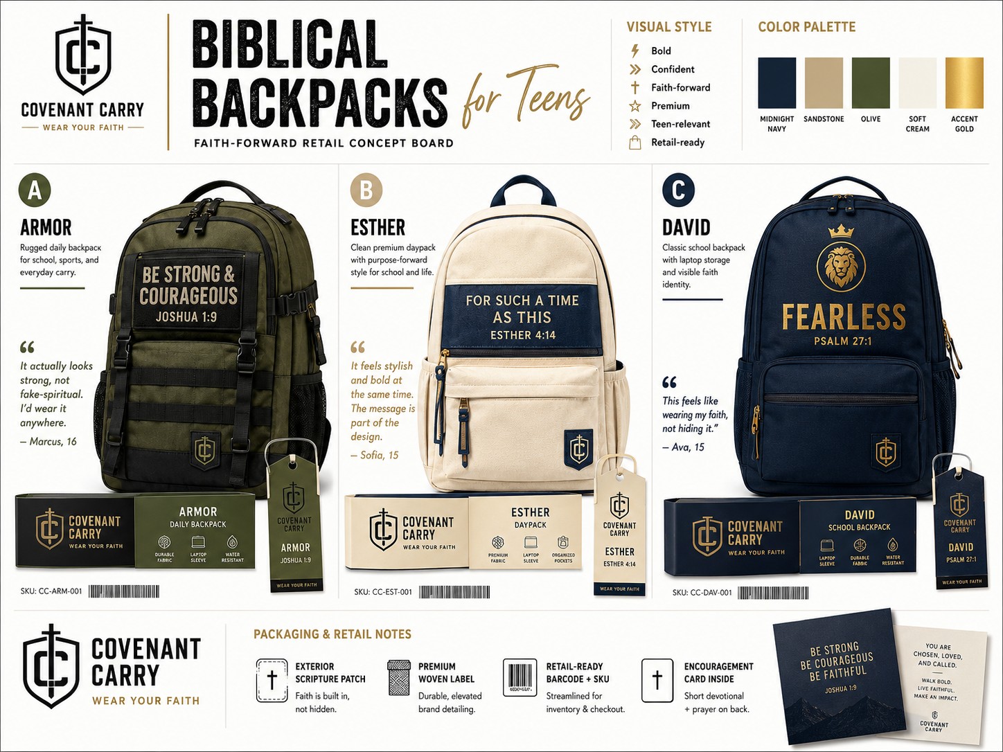 AI-generated product packaging concept: Biblical Backpacks for Teens — Covenant Carry brand